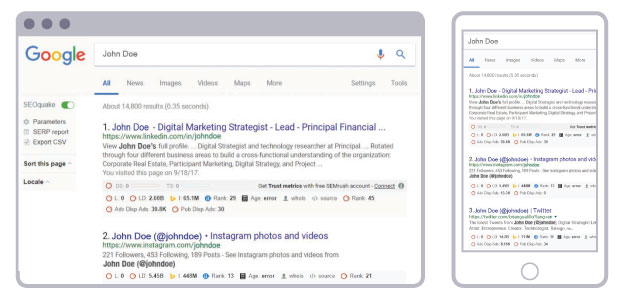 An image showing what shows up in search results when Advisors Google themselves.